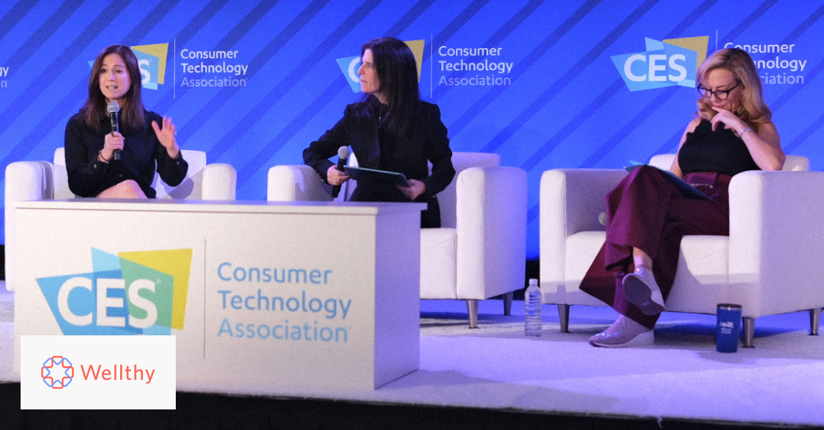 A photo of Wellthy CEO Lindsay Jurist-Rosner sitting on-stage alongside Jenny Abramson and Elizabeth Gore at the CES conference.