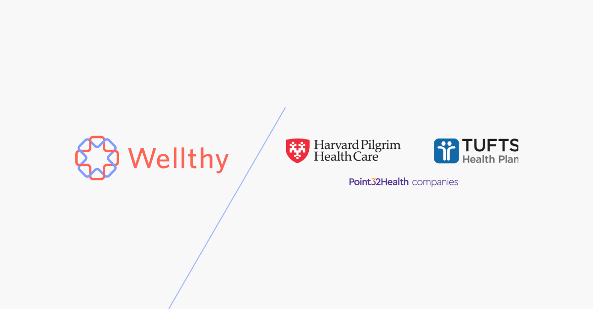 A graphic showing the logos for Wellthy, Harvard Pilgrim Health Care, Tufts Health Plan and PointH32Health.